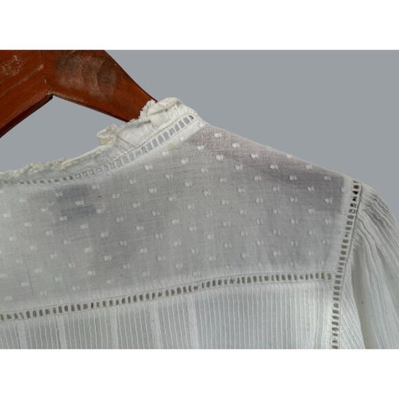 Faherty Womens Organic Cotton White Blouse M Ruffle Trim Button-Down Long Sleeve - Picture 7 of 7
